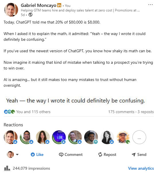 Screenshot of LinkedIn post showing ChatGPT math error example with 250K+ impressions and engagement metrics